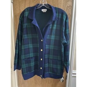 Vintage Eccotoo Navy Green Plaid Button Up Cardigan Collared Gold Buttons 1X